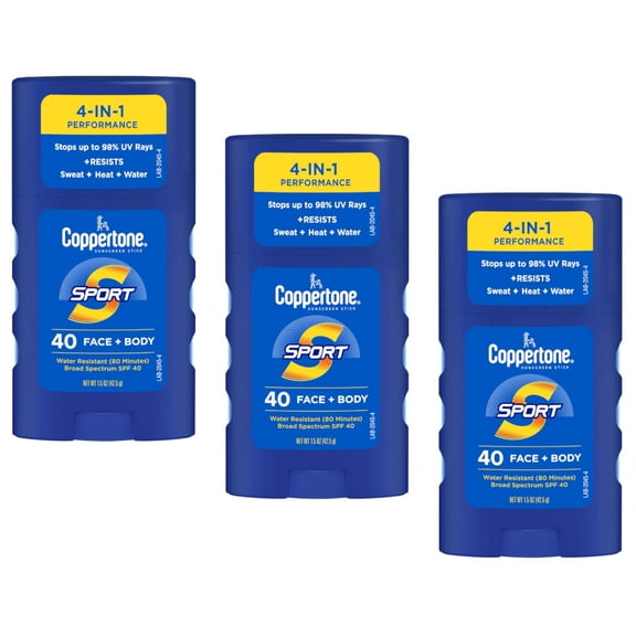 Coppertone Sport Face & Body Sunscreen Stick SPF 40, 1.5 Oz - Pack of 3