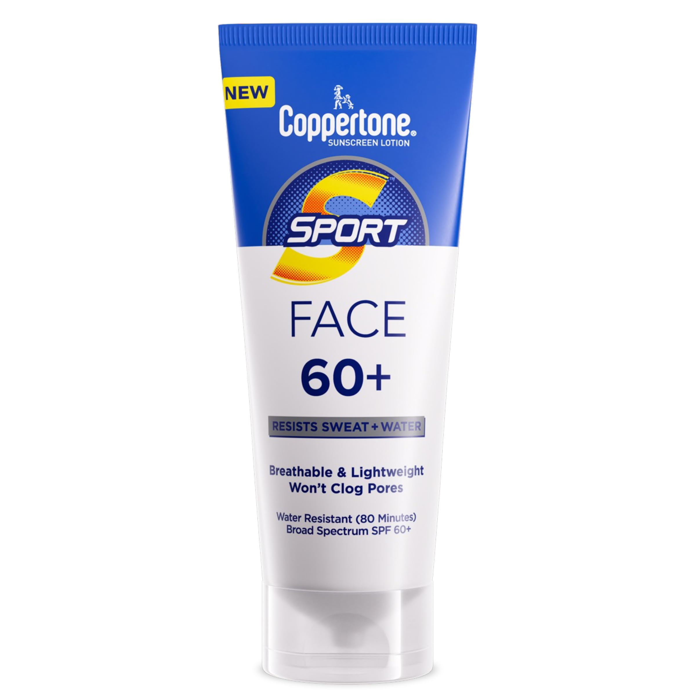 Coppertone Sport Face Sunscreen Lotion HYZ01 SPF 60+, Water Resistant Sunscreen, Broad Spectrum SPF 60+ Sunscreen, 2.5 Fl Oz Tube
