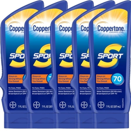 Coppertone Sport SPF 70 Sunscreen, Water Resistant, 7 fl. oz., Pack of 5