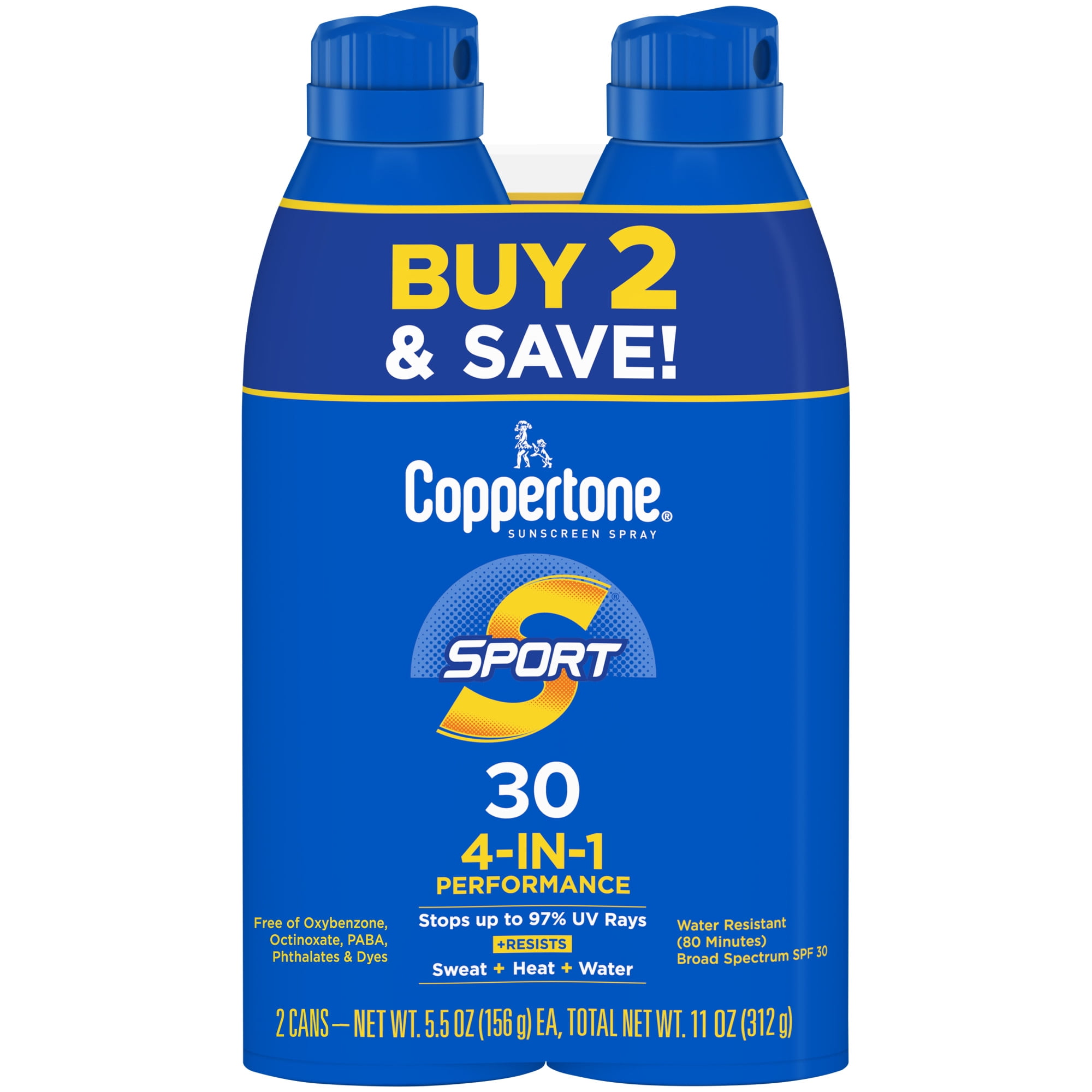 Coppertone Sport Sunscreen Spray, SPF 30 Spray Sunscreen, 5.5 Oz, Pack of 2