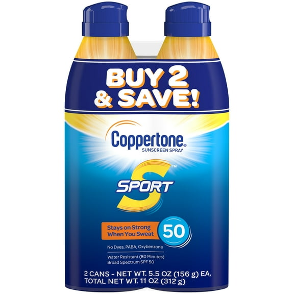 Coppertone Sport Sunscreen Spray SPF 50, Teen, Adult, Twin Pack (5.5 oz Each)