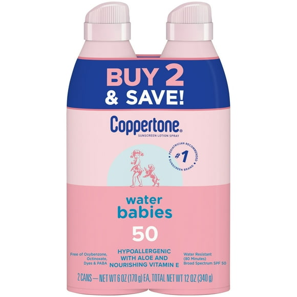 Coppertone WaterBabies Sunscreen Spray, SPF 50 Baby Sunscreen, 6 Oz, Pack of 2
