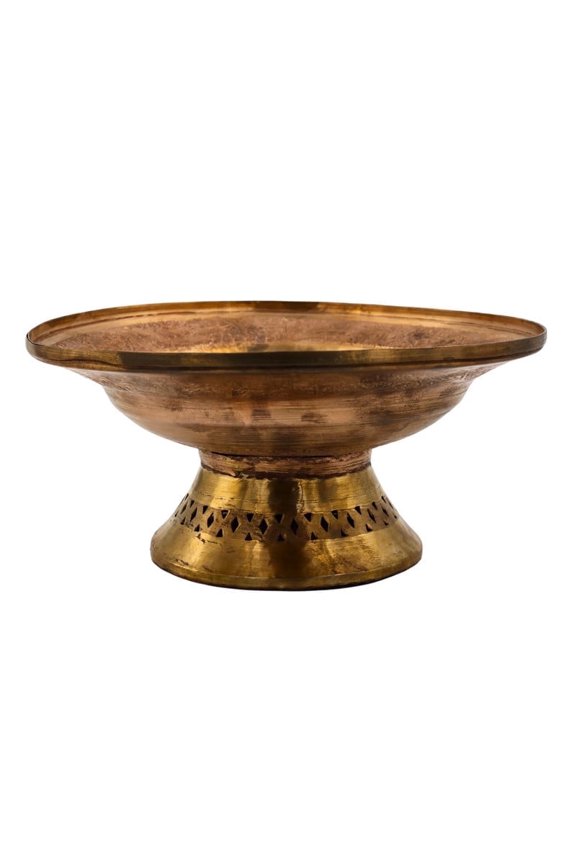 Kashmiri Copper Etched Decorative Bowl with Pedestal Base, Handcrafted Metal Serving Bowl, 9.84 Inch Diameter