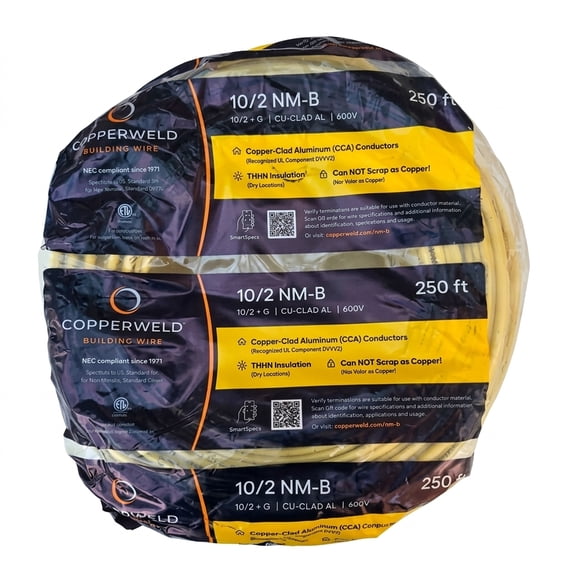 Copperweld 10/2 NM-B Copper-Clad Aluminum Building Wire with Ground, 250 ft, Yellow