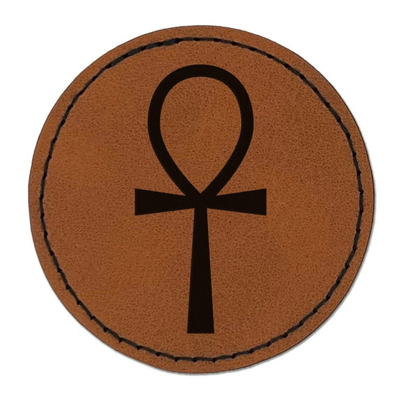 Coptic Cross Ankh Egyptian Hieroglyphic 2.5" Faux Leather Round Engraved Iron-On Patch - Brown
