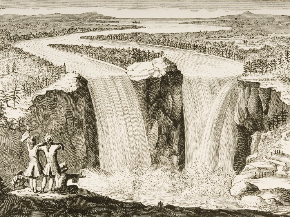 Copy Of Father Hennepins 1677 Sketch Of Niagara Falls Redrawn In 1870S From American Pictures Drawn With Pen And Pencil By Rev Samuel Manning Circa 1880 Canvas Art - Ken Welsh Design Pics (32 x 24)