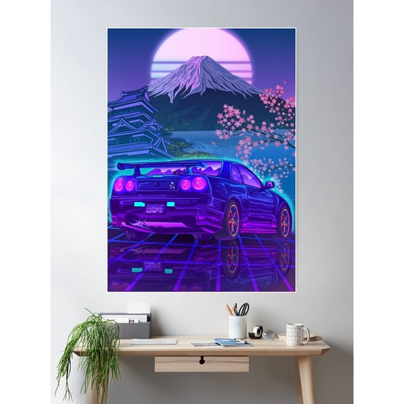 Copy Of Skyline Gtr R34 Fuji Sakura Vaporwave Car Poster Wall Art, Modern Wall Decor For Living Room Bedroom, 12x18 UNFRAMED