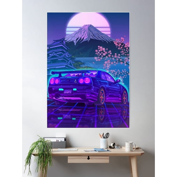 Copy Of Skyline Gtr R34 Fuji Sakura Vaporwave Car Poster Wall Art, Modern Wall Decor For Living Room Bedroom, 24x36 UNFRAMED