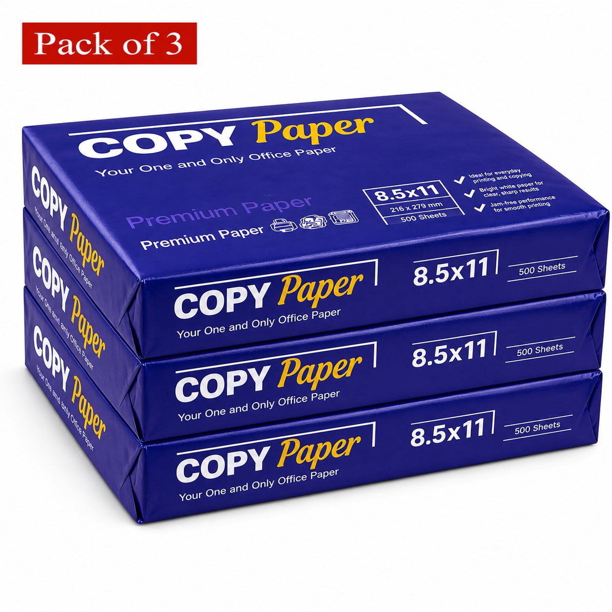 Copy Paper Premium Office Paper, White, 92 Brightness, 8.5 x 11 Inches (Letter Size), 500 Sheets Per Pack, Pack of 3 Reams (Total 1,500 Sheets)