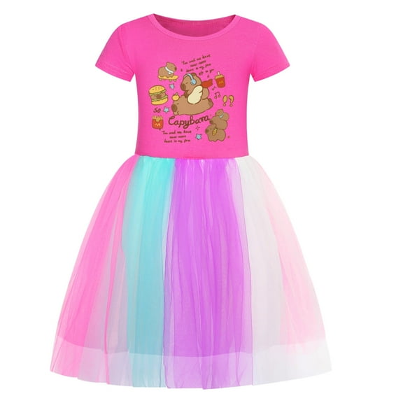 Copybara Girls' Dress with pure cotton short sleeved top and mesh skirt, suitable for children aged 4-10