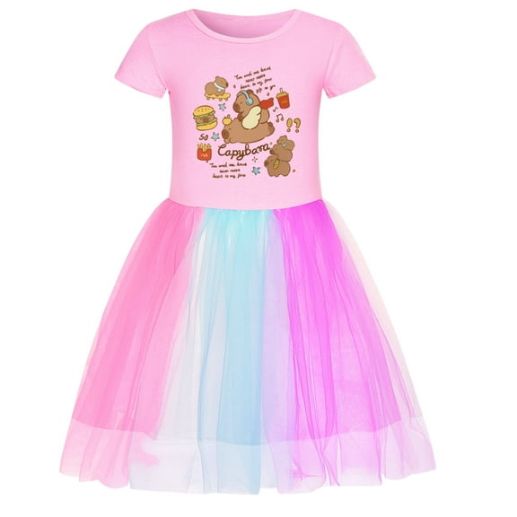 Copybara Girls' Dress with pure cotton short sleeved top and mesh skirt, suitable for children aged 4-10