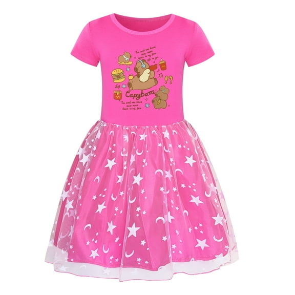Copybara Girls' Dress with pure cotton short sleeved top and mesh skirt, suitable for children aged 4-10