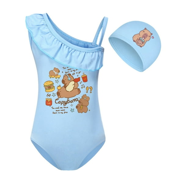 Copybara Girls' one-piece swimsuit with milk silk suspender, one-piece bikini and swim cap, suitable for children aged 3-10