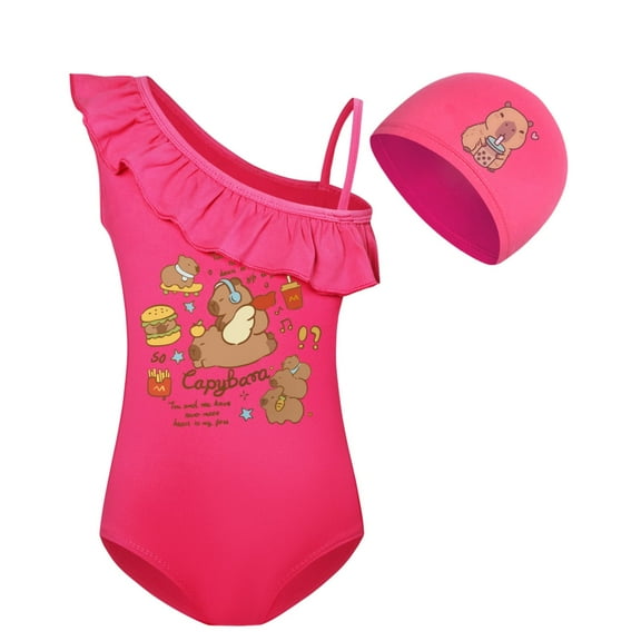 Copybara Girls' one-piece swimsuit with milk silk suspender, one-piece bikini and swim cap, suitable for children aged 3-10