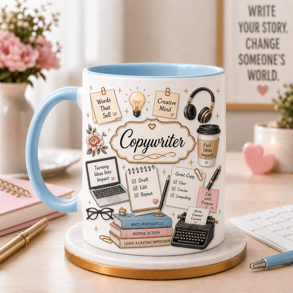 Copywriter Ceramic Coffee Mugs Light Blue Handle for Writers, Desk Gift 11 oz 15 oz