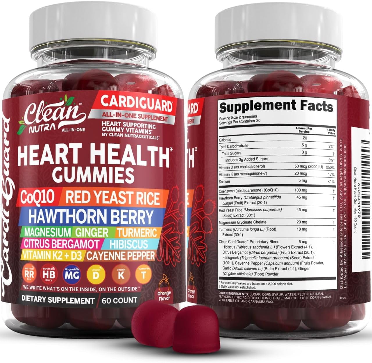 Coq10 Gummies | Red Yeast Rice Hawthorn Berry Ginger Turmeric Citrus Bergamot Hibiscus Vitamin K2+D3 Magnesium Glycinate Cayenne Pepper Fenugreek Orange Flavor CardiGuard by Clean Nutra