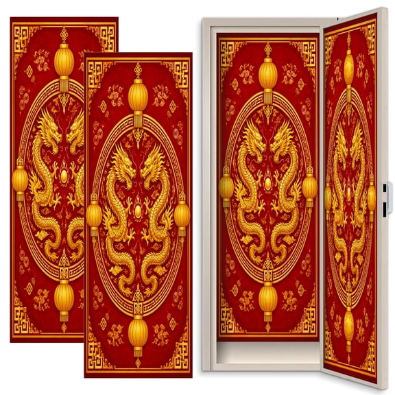 Coquette 2 Pcs School Locker Magnetic Wallpaper 12" x 36" Golden Chinese Dragon Design Lanterns Red Reusable Removable Locker Accessories Back to School Supplies