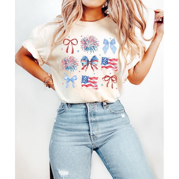 Coquette 4th of July Shirt, Patriotic Bow USA Tee, Cute American Flag T-Shirt, Red White and Blue Coquette Style Independence Day Top