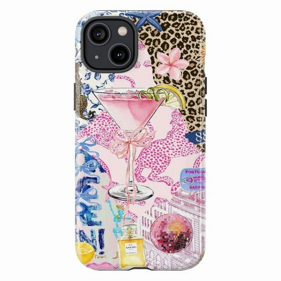 Coquette Aesthetic Phone Case, Leopard Print & Pink Cocktail Collage Cover for iPhone 17 16 15 14 13 12 11 Pro Plus Max Mini