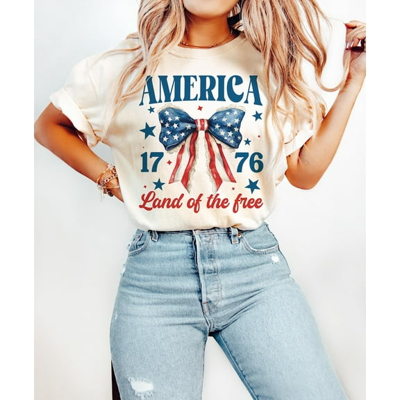 Coquette America 1776 T-shirt, Land of the Free, Bow Detail, Retro Flag Style, 4th of July, USA Pride Shirt