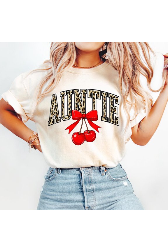 Coquette Auntie Shirt: Cherries & Leopard Bow - Soft Cotton Tee All Size S-5XL