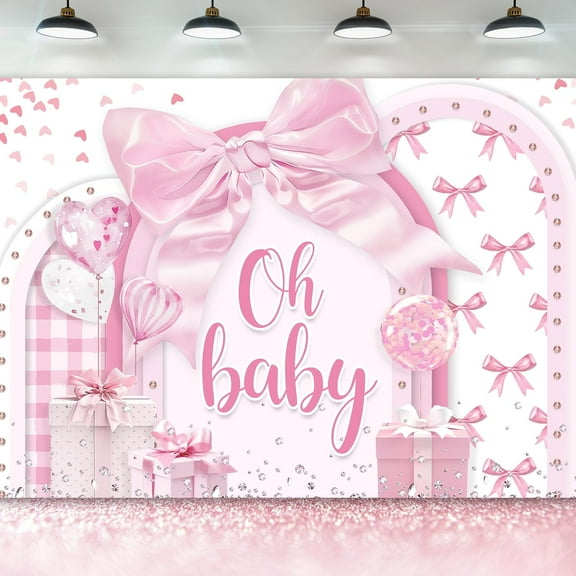 Coquette Baby Shower Backdrop Oh Baby Girls Pink Bow Cute Love Heart Balloon Lovely Girly Background Modern Preppy Diamond Party Decorations Banner Photo Booth Props, 7x5FT