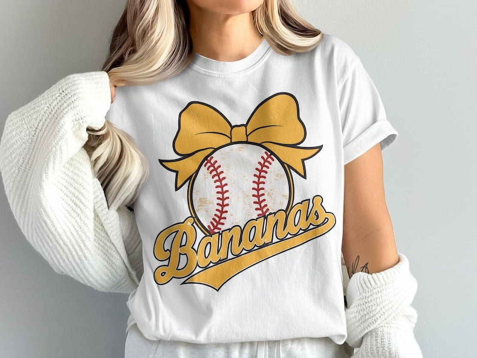 Coquette Banana Baseball T-Shirt, Funny Banana Lovers Shirt, Bow Baseball Fan Tee, Cute Fruit Theme Shirt, Gift for Her or Him BTO09