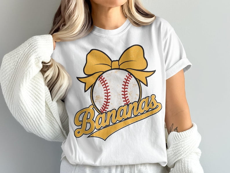 Coquette Banana Baseball T-Shirt, Funny Banana Lovers Shirt, Bow Baseball Fan Tee, Cute Fruit Theme Shirt, Gift for Her or Him BTO09
