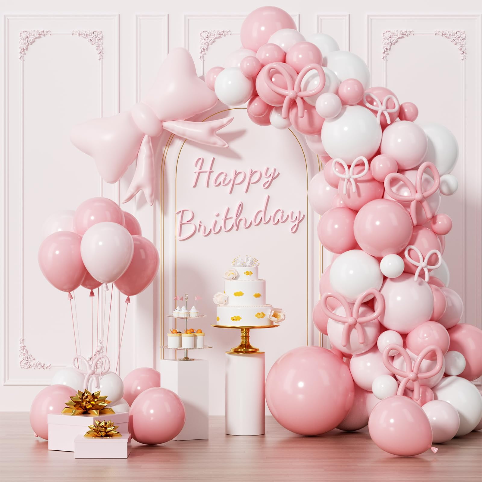Coquette Birthday Decorations, 159Pcs Bow Pink KKS1&nbsp;and White Garland Arch with Bow Foil Balloon, 18/10/5 inch, Macaron Pink Long Balloon for Bridal Shower,Baby Shower,Wedding,Birthday