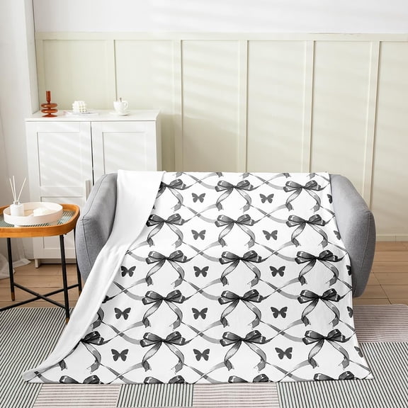 Coquette Black Bow Butterfly Print Soft Fleece Throw Blanket for Couch Bed Sofa