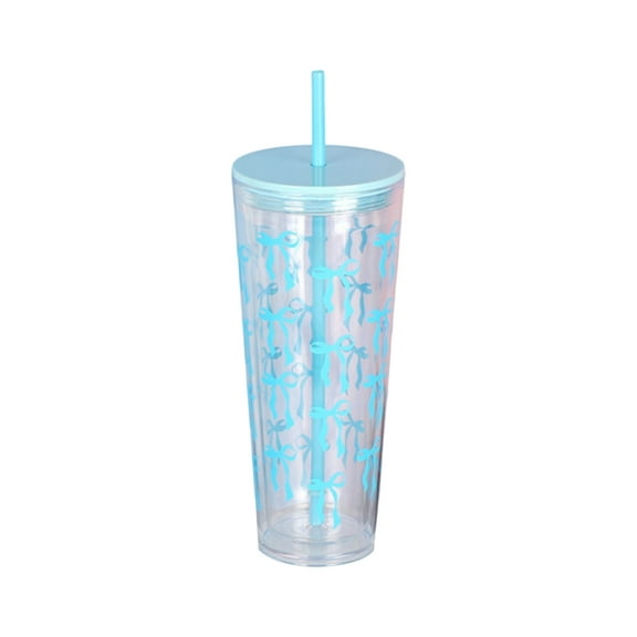 Coquette Blue Bow Aesthetic Plastic Cups with Lids and Straws Cute Double Layer Clear Iced Coffee Cups Bulk Reusable Preppy Tumbler for Teen Girls Party Gifts 700ml Light Blue