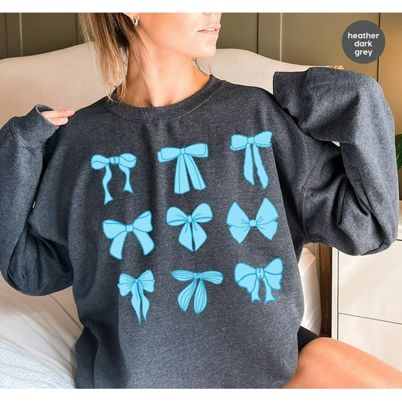 Coquette Blue Bows Sweatshirt Soft Girl Aesthetic Blue Ribbon Sweater Preppy Girl Fashion Cute Bow Top Boy Mama Shirt Trendy Girly Pullover All Size S-5Xl