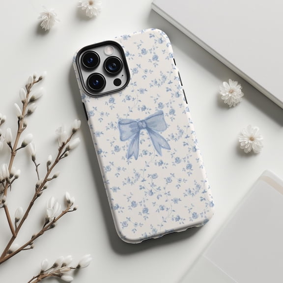 Coquette Blue Floral Bow Phone Case with Soft Vintage Style 17 11 12 13 14 15 16 Pro Max