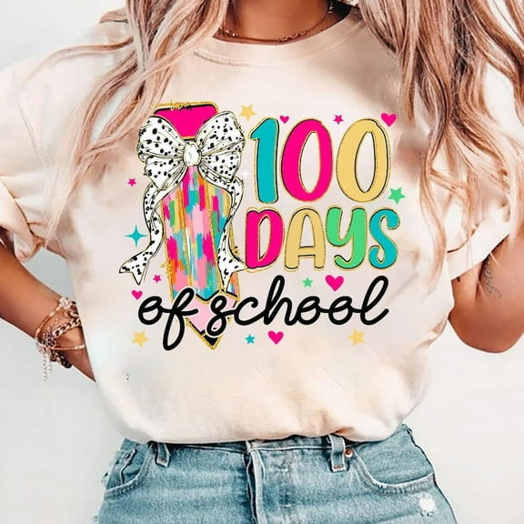Coquette Bow 100 Days of School T-Shirt, Brushstroke 100 Days Shirt, Teacher 100 Days Celebration Tee, Cute Pencil 100 Days Shirt