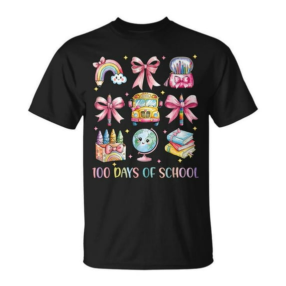 Coquette Bow 100 Days of School T-Shirt, Cute Student Teacher Celebration Tee, Aesthetic Pink Bow School Milestone Shirt, 100th Day Classroom Outfit