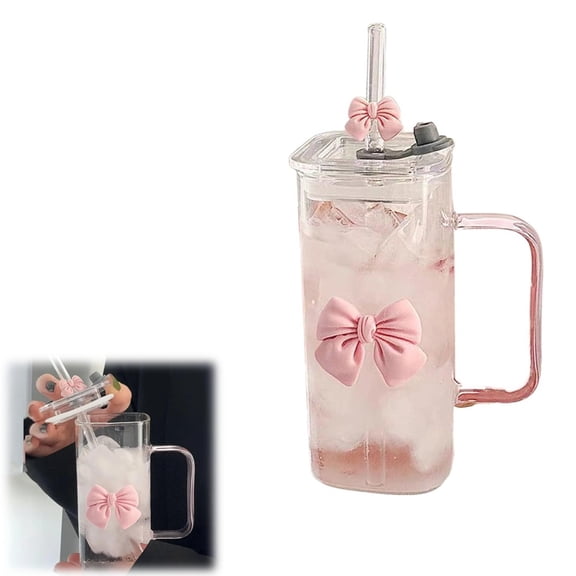 Coquette Bow Aesthetic Cup - Pink 13Oz Square Glass Cups with Lids and Straws, Bow Tumbler Iced Coffee Tumbler Cups for Girls Bestfriend (Clear)