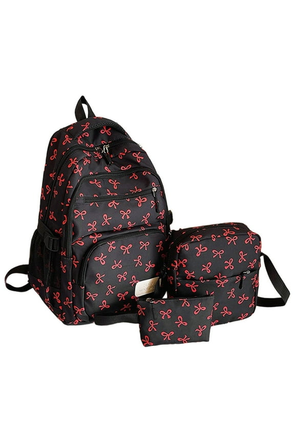 Coquette Bow Backpack,3 Pcs Cute Backpack Nylon Aesthetic Daypack Bow Pattern Rucksack,Preppy Backpack,Pink Bow Backpack,Kawaii Pattern Aesthetic Daypack Preppy Backpack(Brown)