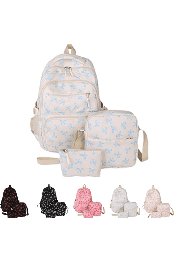 Coquette Bow Backpack,3 Pcs Cute Backpack Nylon Aesthetic Daypack Bow Pattern Rucksack,Preppy Backpack,Pink Bow Backpack,Kawaii Pattern Aesthetic Daypack Preppy Backpack(Blue)