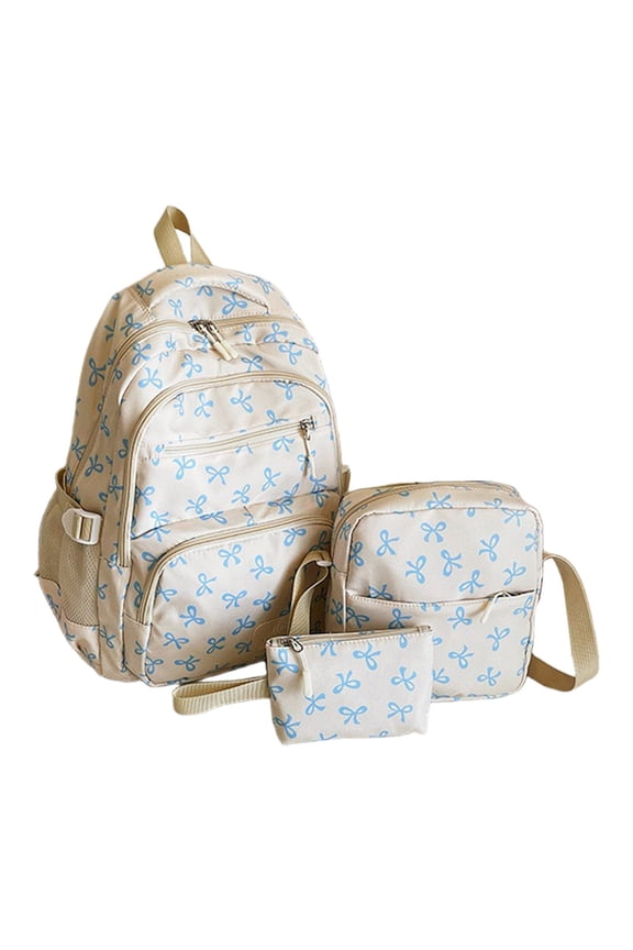 Coquette Bow Backpack,3 Pcs Cute Backpack Nylon Aesthetic Daypack Bow Pattern Rucksack,Preppy Backpack,Pink Bow Backpack,Kawaii Pattern Aesthetic Daypack Preppy Backpack(Blue)