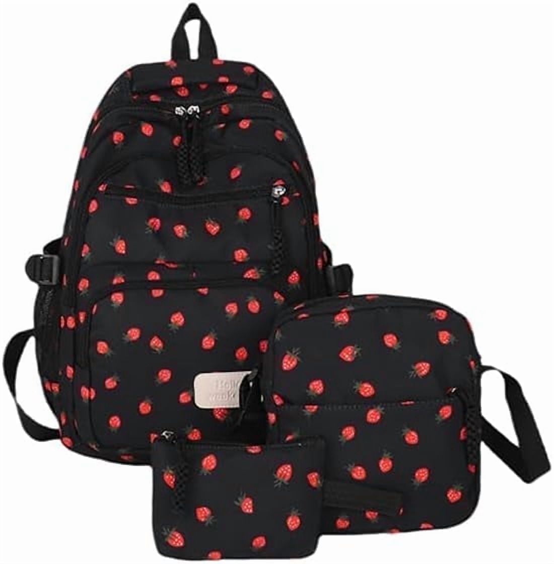 Lohol Coquette Aesthetic Backpack - Cute Kawaii Bow Rucksack for Women, Trendy & Lightweight Nylon Daypack (A02 Strawberry Black)