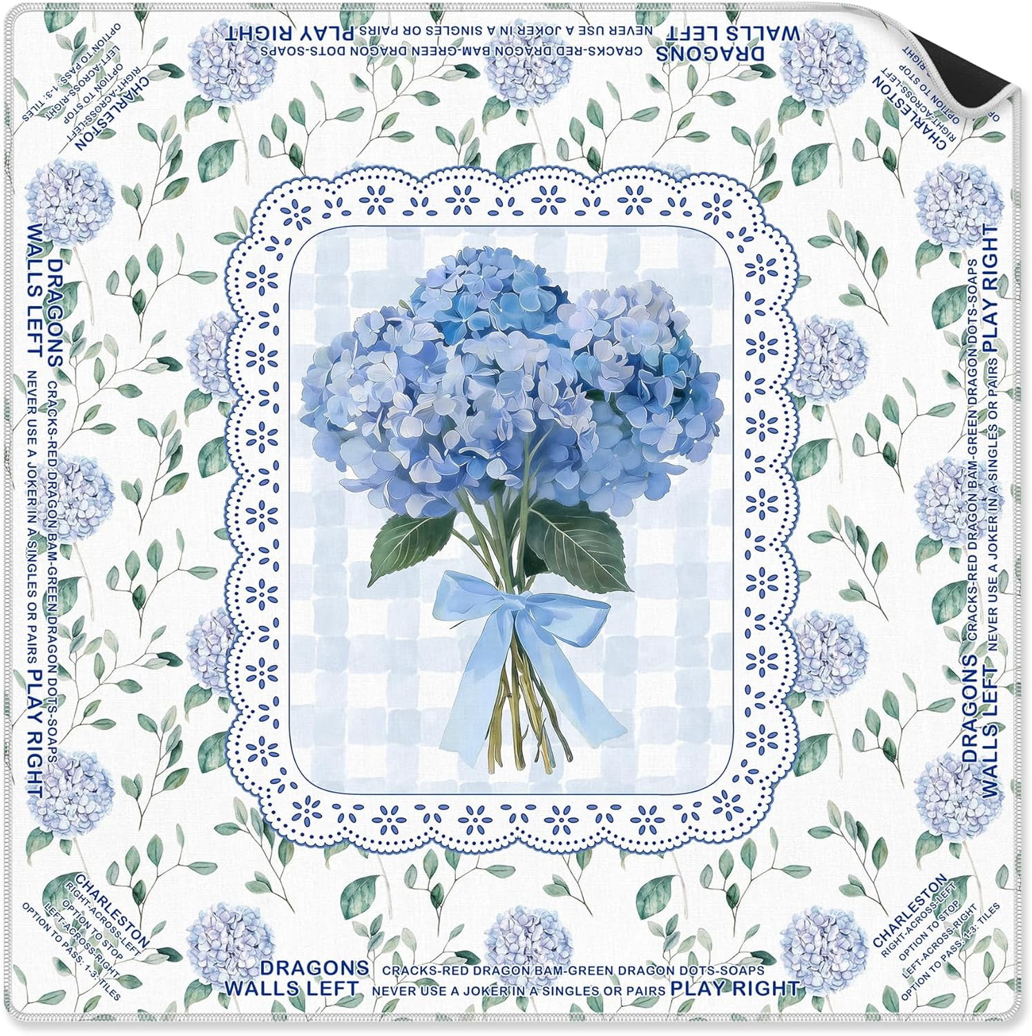Coquette Bow Blue Hydrangea Mahjong Mat 31.5 x 31.5 Inch, Grandmillennial Hydrangea Flower Non-Slip Noise Reduction Mahjong Table Mat for American Mah Jong Poker Card Board Games Dominoes