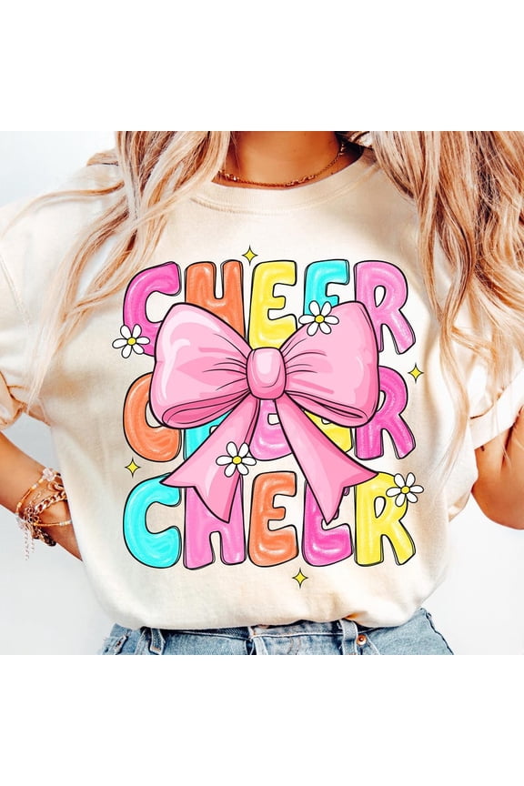 Coquette Bow Cheer Mom T-Shirt, Preppy Cheerleader Tee, Colorful Pom Pom Floral Shirt, Girly Spirit Squad Graphic for Cheer Season