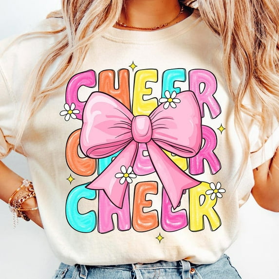 Coquette Bow Cheer Mom T-Shirt, Preppy Cheerleader Tee, Colorful Pom Pom Floral Shirt, Girly Spirit Squad Graphic for Cheer Season