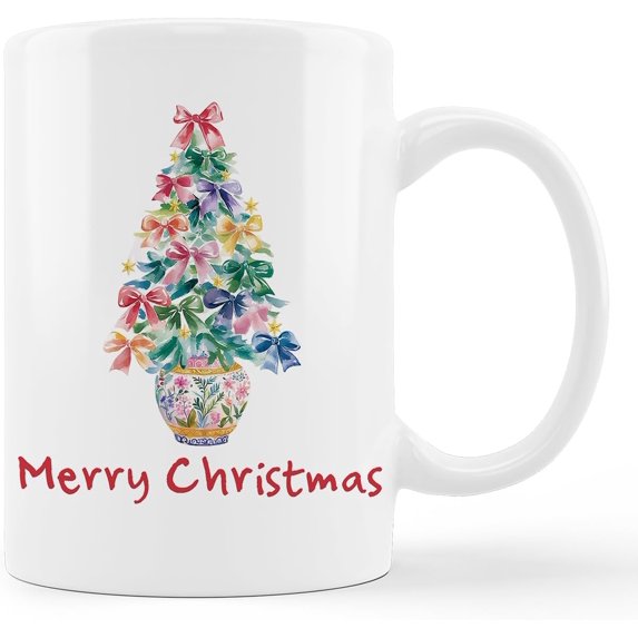 Coquette Bow Chinoiserie Christmas Tree Mug, Preppy Christmas Porcelain Coffee Cup Ceramic, Grandmillennial Xmas Colorful Bow Ceramic Coffee Tea Mug 11 oz
