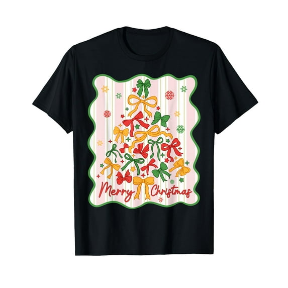 Coquette Bow Christmas Tree Xmas Holiday Girly Outfit Women T-Shirt,Women's short-sleeved T-shirt to celebrate the coming of Christmas