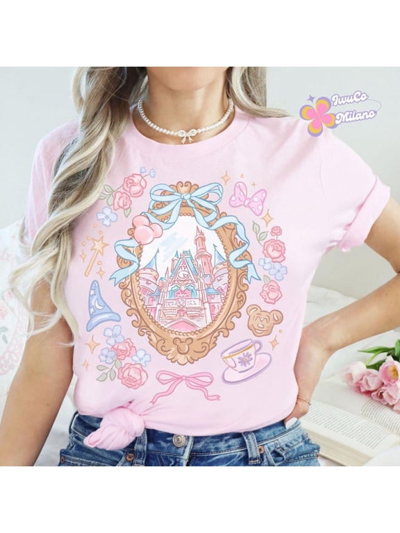 Coquette Bow Disney Castle T-Shirt, Magic Kingdom Girly Disney Girl Trip Shirt, Walt Disney World Disneyland Birthday Girl, Fantasia Baby Tee,Light Pink color,size M