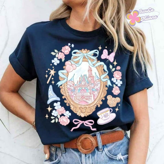 Coquette Bow Disney Castle T-Shirt, Magic Kingdom Girly Disney Girl Trip Shirt, Walt Disney World Disneyland Birthday Girl, Fantasia Baby Tee,Navy color,size L