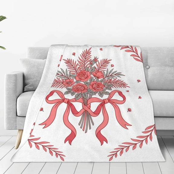 Coquette Bow Floral Blanket, Pink and White Chinoiserie Flower Decorative Throw, Grandmillennial Blanket for Couch, Bed, Sofa and Home Decor 50x40