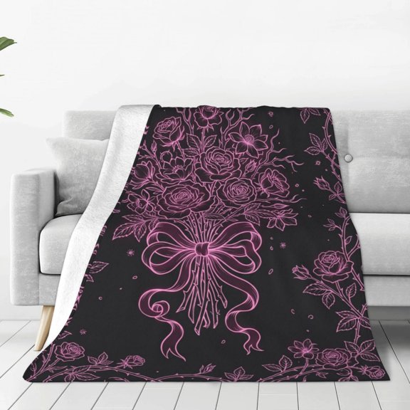 Coquette Bow Floral Blanket, Pink and White Chinoiserie Flower Decorative Throw, Grandmillennial Blanket for Couch, Bed, Sofa and Home Decor 50x40