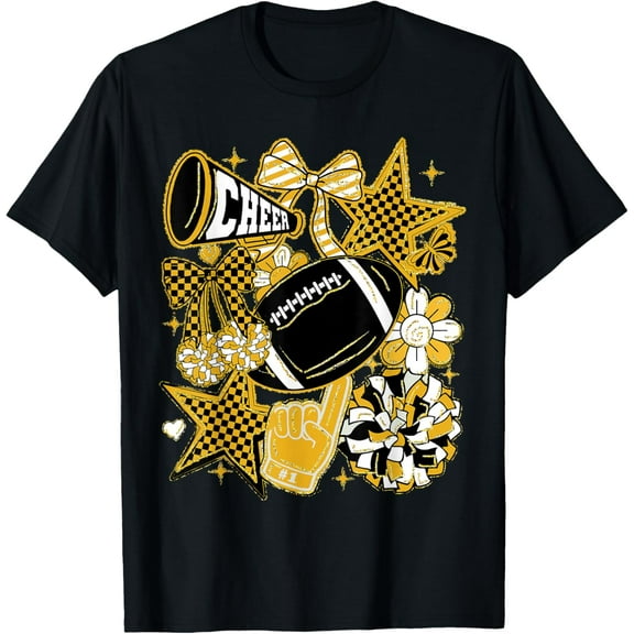 Coquette Bow Football Gold Black Game Cheer Mom Touchdown T-Shirt tee